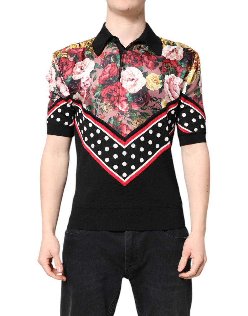 Black Floral Collared Short Sleeve T-shirt Dolce & Gabbana