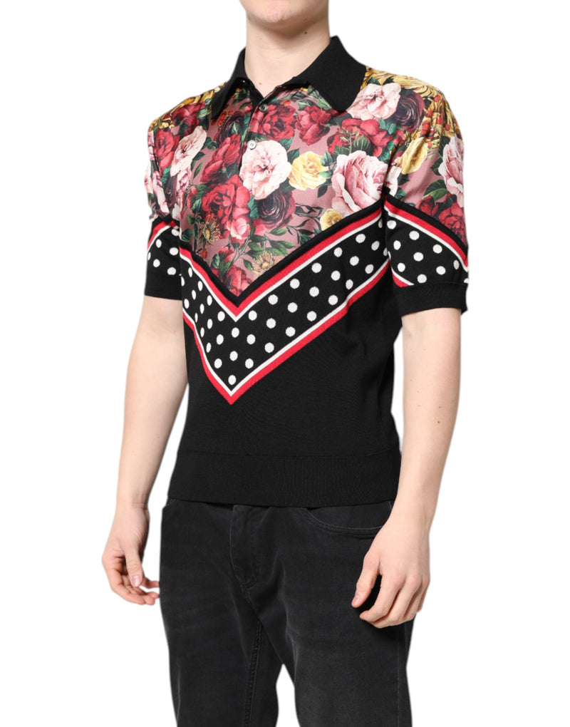 Black Floral Collared Short Sleeve T-shirt Dolce & Gabbana