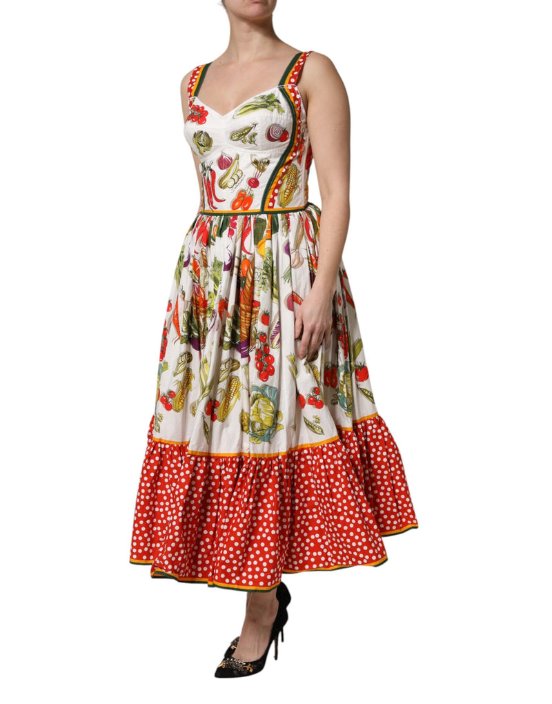 White Vegetables Sleeveless A-line Midi Dress Dolce & Gabbana