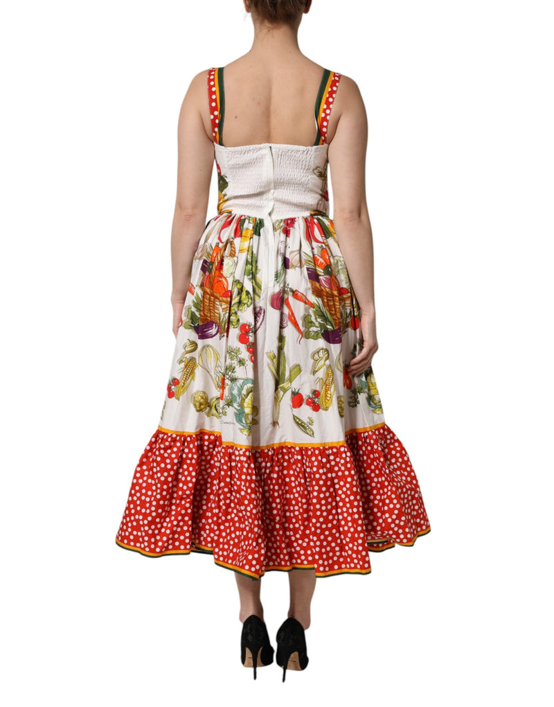 White Vegetables Sleeveless A-line Midi Dress Dolce & Gabbana
