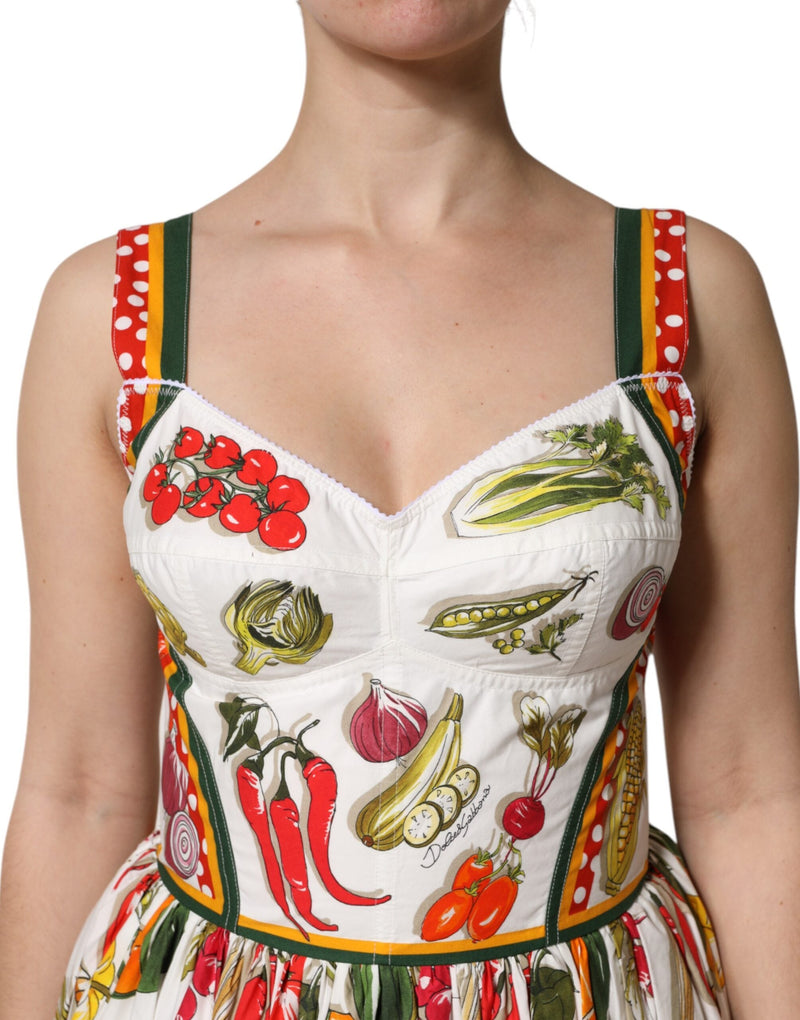 White Vegetables Sleeveless A-line Midi Dress Dolce & Gabbana