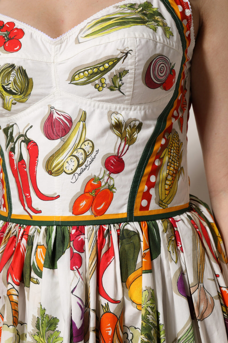 White Vegetables Sleeveless A-line Midi Dress Dolce & Gabbana