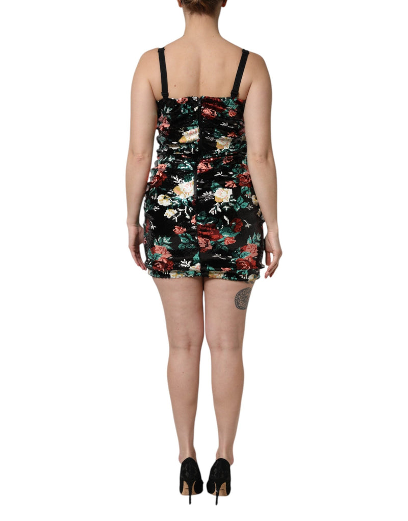 Black Floral Sequin Sleeveless Sheath Dress Dolce & Gabbana