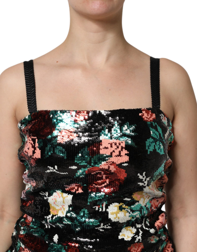 Black Floral Sequin Sleeveless Sheath Dress Dolce & Gabbana