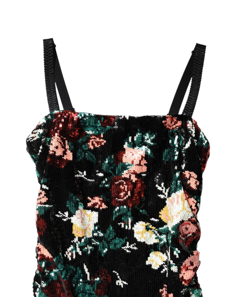 Black Floral Sequin Sleeveless Sheath Dress Dolce & Gabbana