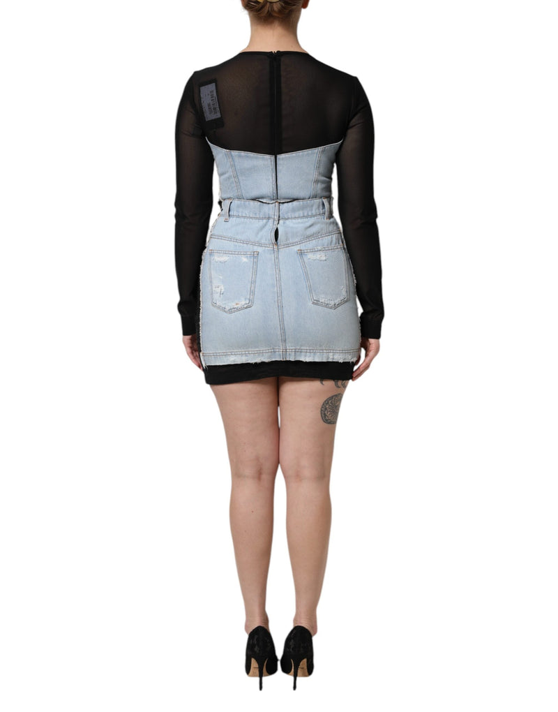 Black Blue Long Sleeves Denim Mini Dress Dolce & Gabbana