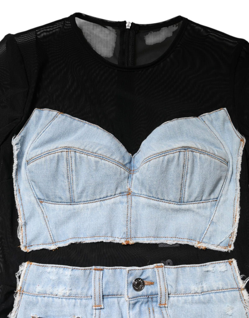 Black Blue Long Sleeves Denim Mini Dress Dolce & Gabbana