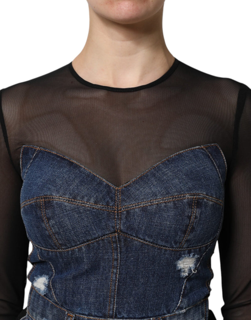 Black Blue Long Sleeves Denim Mini Dress Dolce & Gabbana