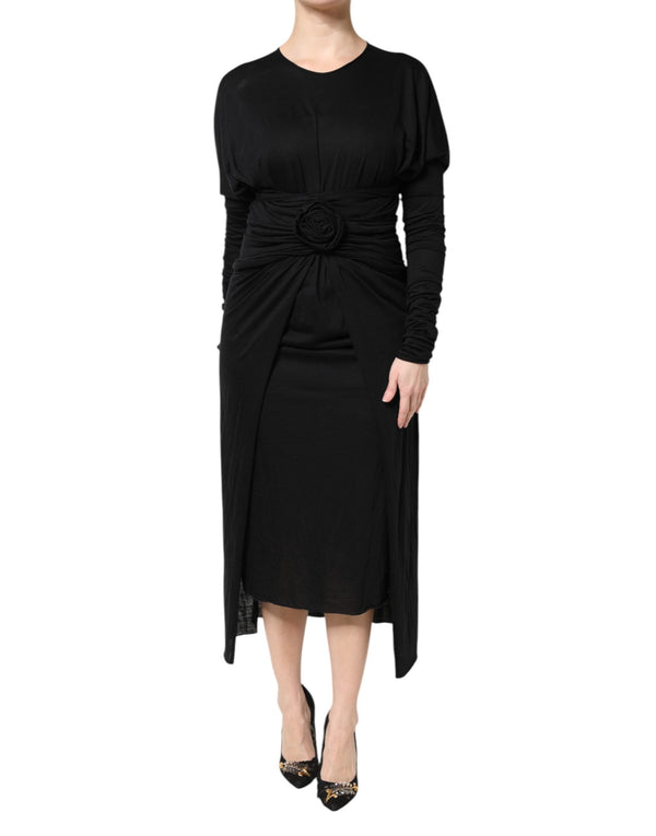 Black Wool Long Sleeves Sheath Midi Dress Dolce & Gabbana