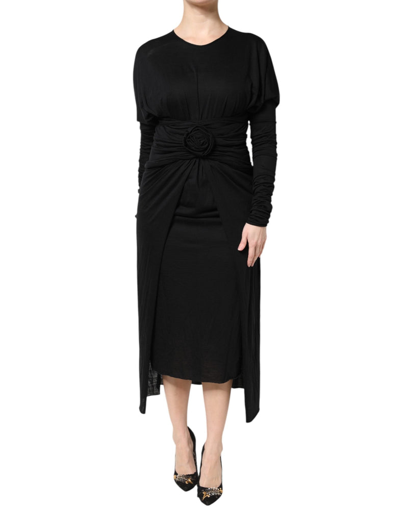 Black Wool Long Sleeves Sheath Midi Dress Dolce & Gabbana