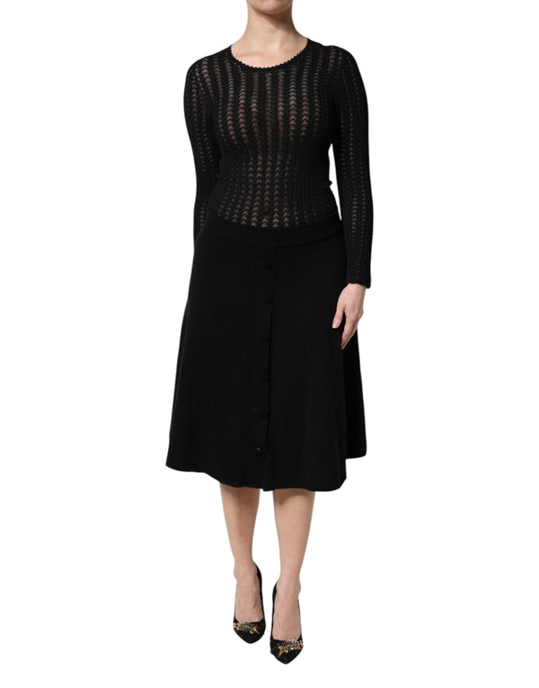 Black Cashmere Long Sleeves A-line Midi Dress Dolce & Gabbana