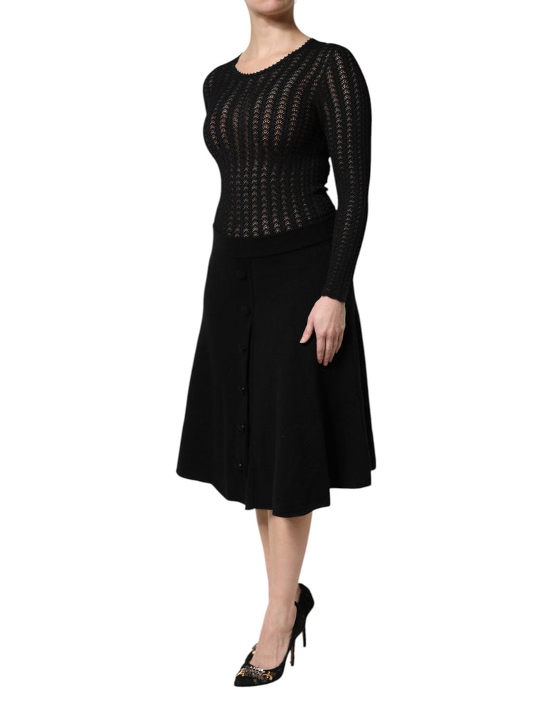 Black Cashmere Long Sleeves A-line Midi Dress Dolce & Gabbana