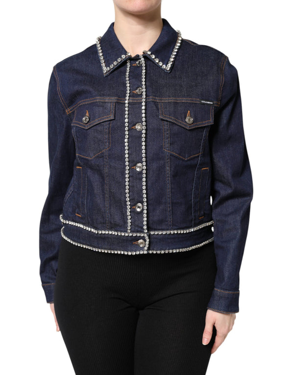 Blue Denim Cotton Crystal Embellished Jacket Dolce & Gabbana