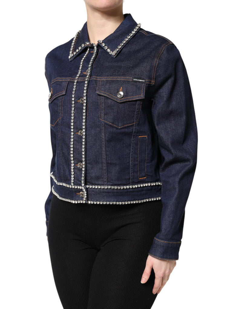Blue Denim Cotton Crystal Embellished Jacket Dolce & Gabbana
