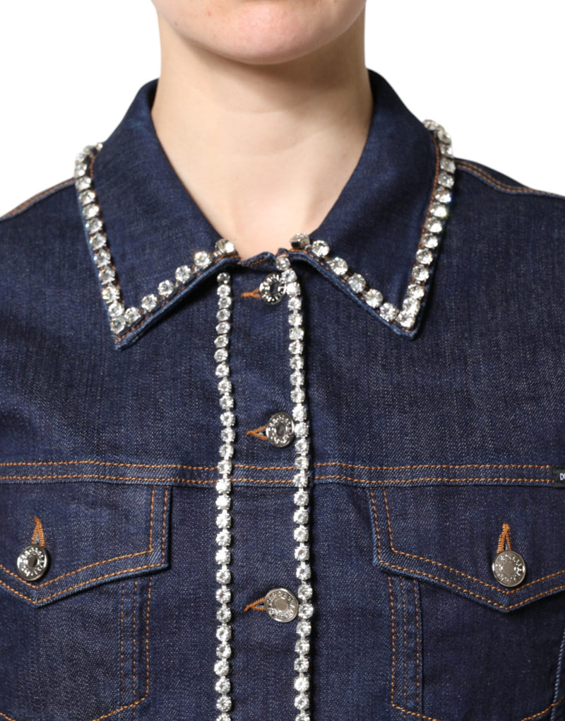 Blue Denim Cotton Crystal Embellished Jacket Dolce & Gabbana