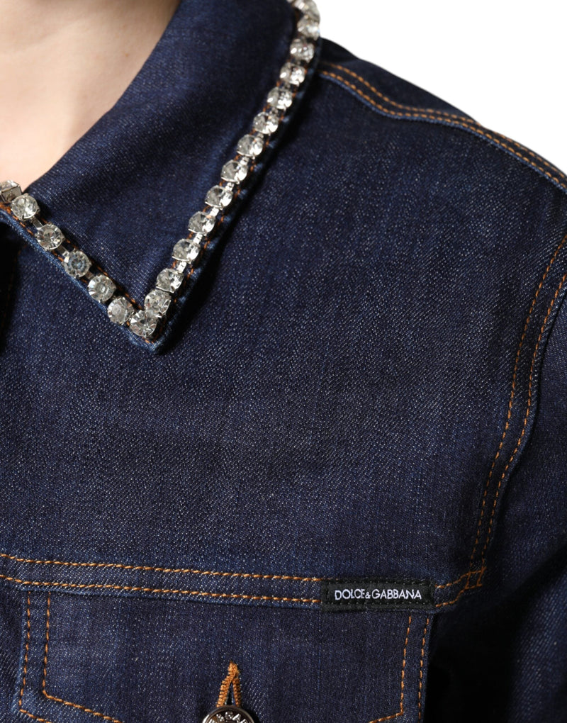 Blue Denim Cotton Crystal Embellished Jacket Dolce & Gabbana