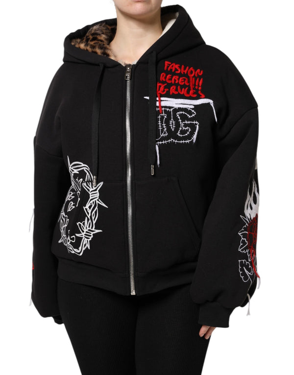 Black Embroidered Full Zip Hooded Jacket Dolce & Gabbana