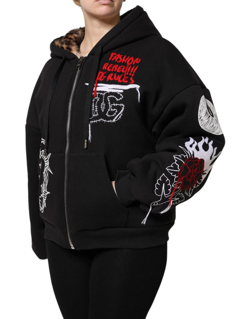 Black Embroidered Full Zip Hooded Jacket Dolce & Gabbana
