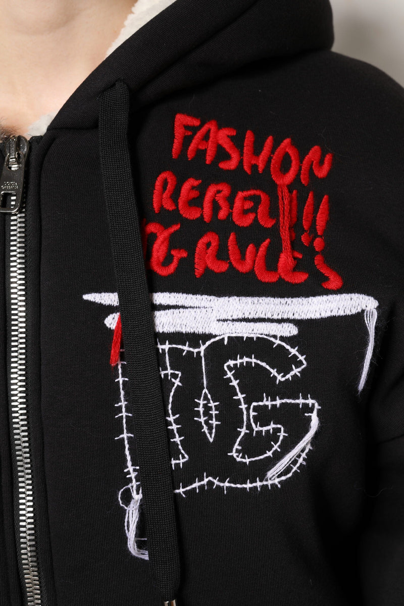 Black Embroidered Full Zip Hooded Jacket Dolce & Gabbana