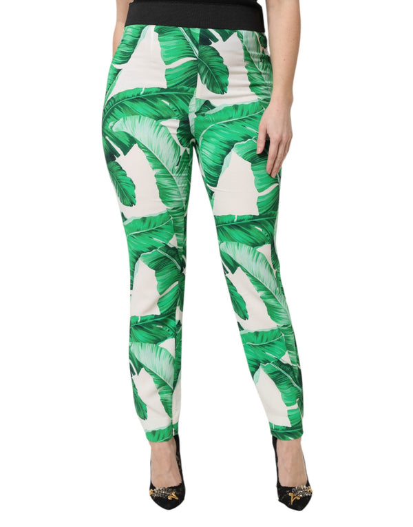 White Green Leaf High Waist Pants Dolce & Gabbana