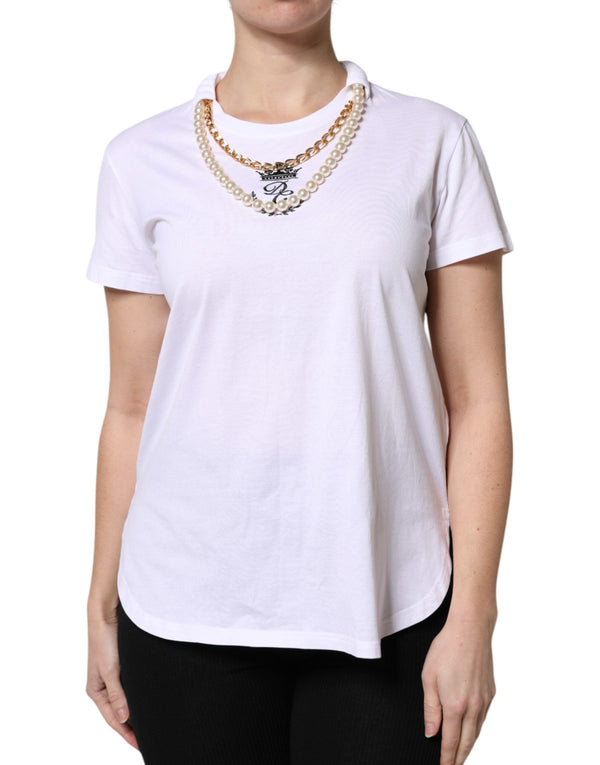 White Chain Pearl Cotton Round Neck T-shirt Dolce & Gabbana