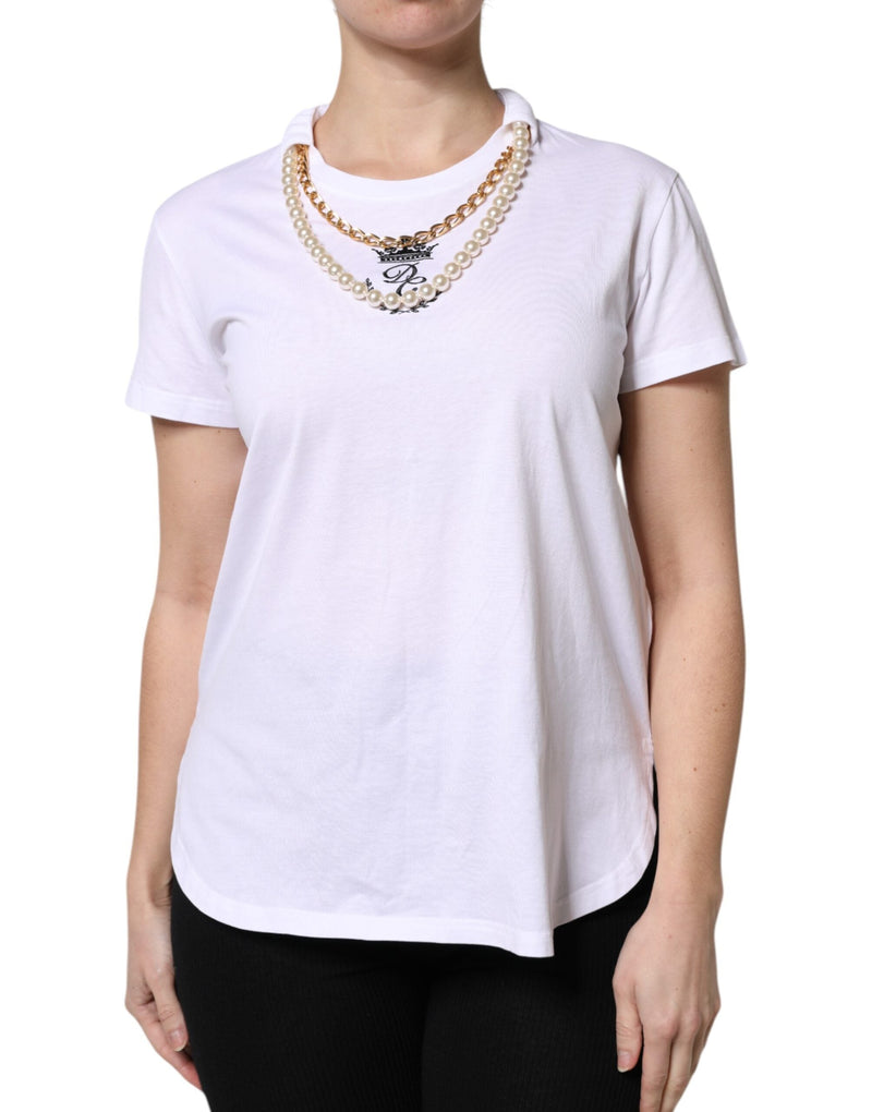 White Chain Pearl Cotton Round Neck T-shirt Dolce & Gabbana