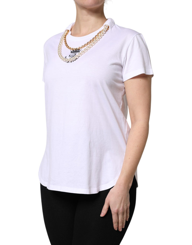 White Chain Pearl Cotton Round Neck T-shirt Dolce & Gabbana