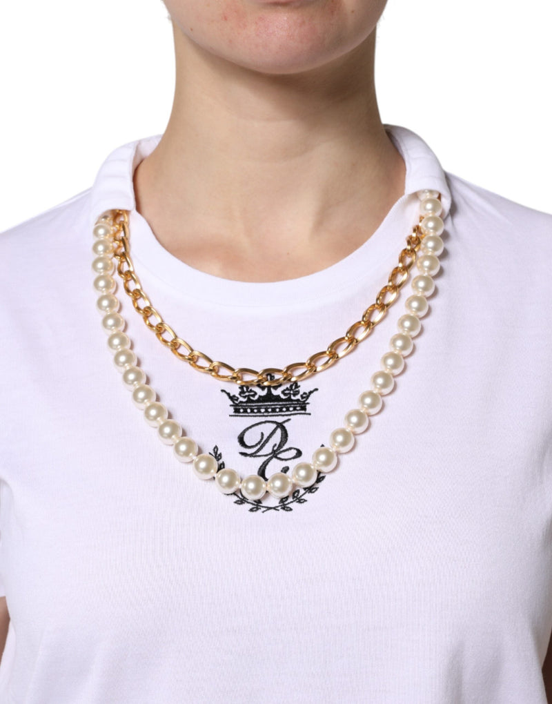 White Chain Pearl Cotton Round Neck T-shirt Dolce & Gabbana