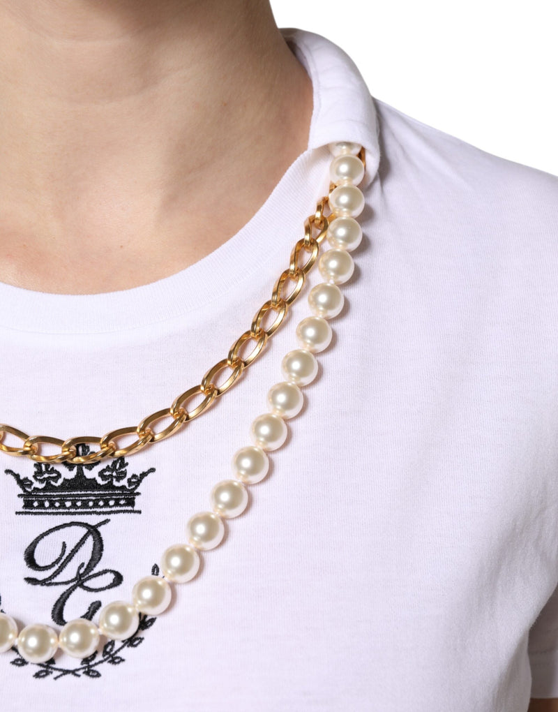 White Chain Pearl Cotton Round Neck T-shirt Dolce & Gabbana
