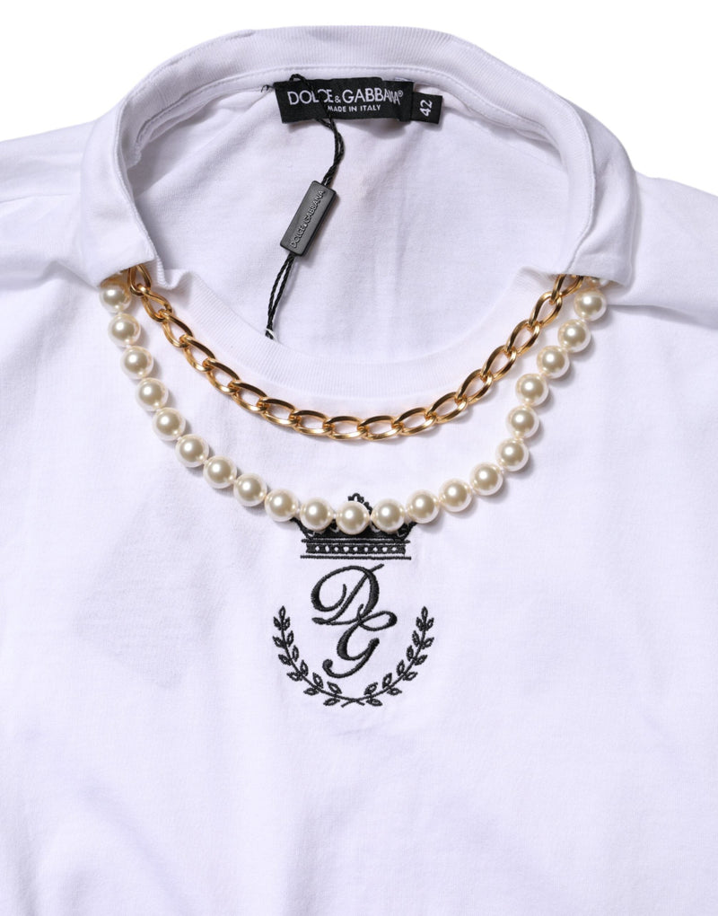 White Chain Pearl Cotton Round Neck T-shirt Dolce & Gabbana