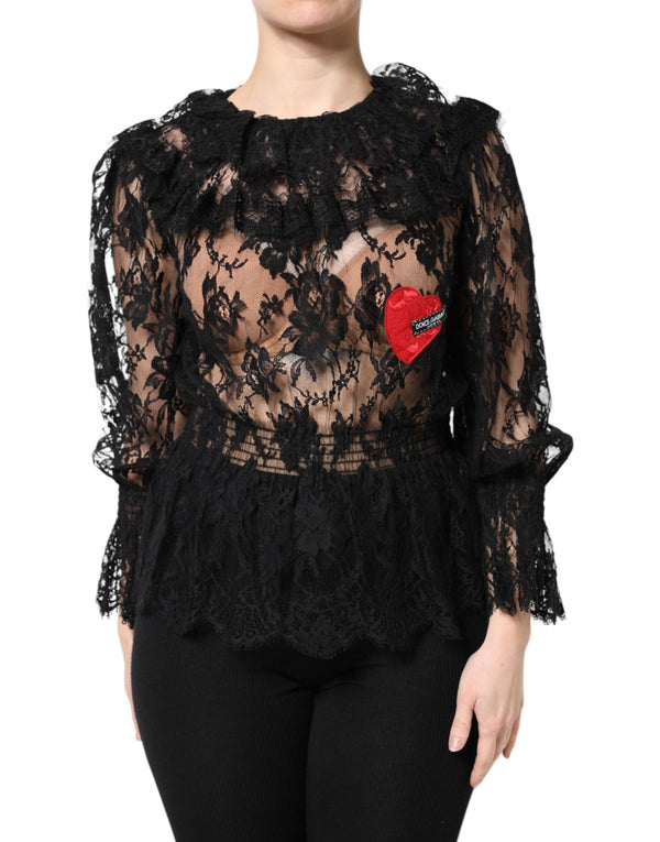 Black Cotton Floral Lace Women Blouse Top Dolce & Gabbana