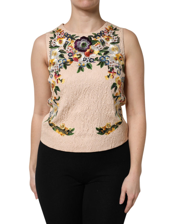 Beige Floral Embroidery Sleeveless Tank Top Dolce & Gabbana