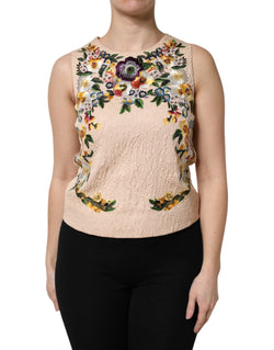Beige Floral Embroidery Sleeveless Tank Top Dolce & Gabbana