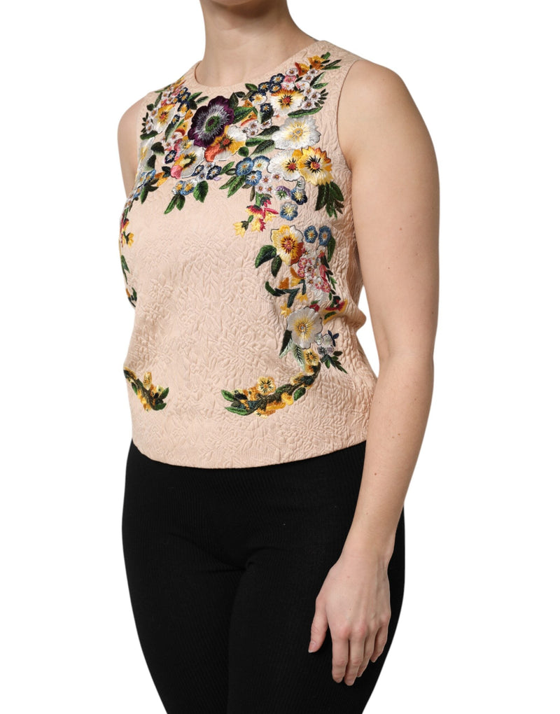 Beige Floral Embroidery Sleeveless Tank Top Dolce & Gabbana