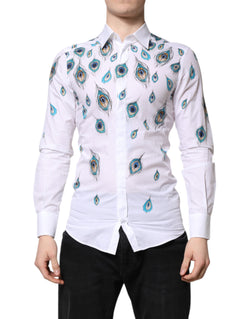 White Cotton Feather Print GOLD Dress Shirt Dolce & Gabbana