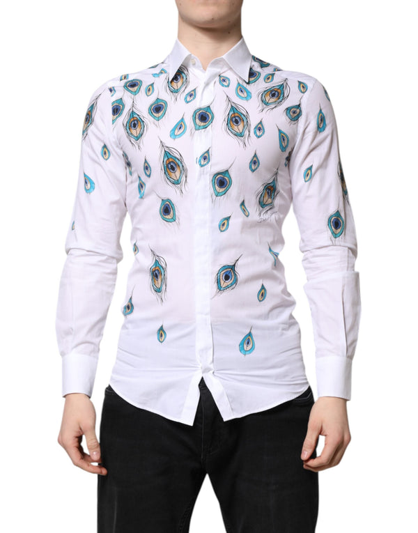 White Cotton Feather Print GOLD Dress Shirt Dolce & Gabbana