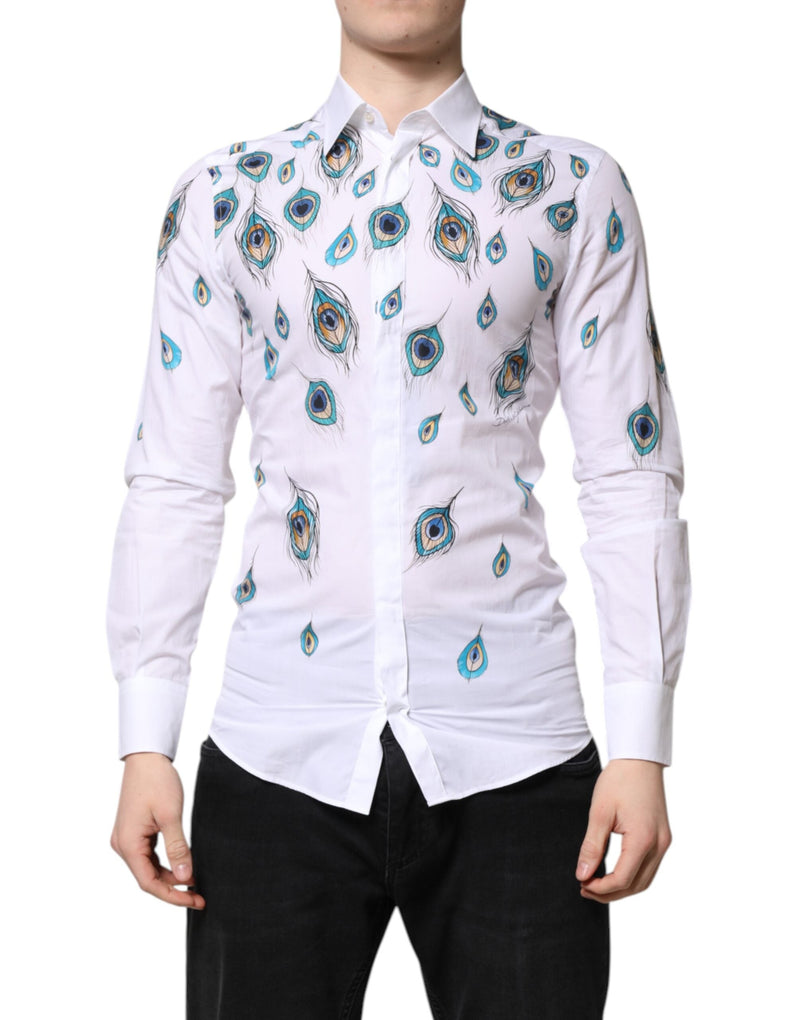 White Cotton Feather Print GOLD Dress Shirt Dolce & Gabbana