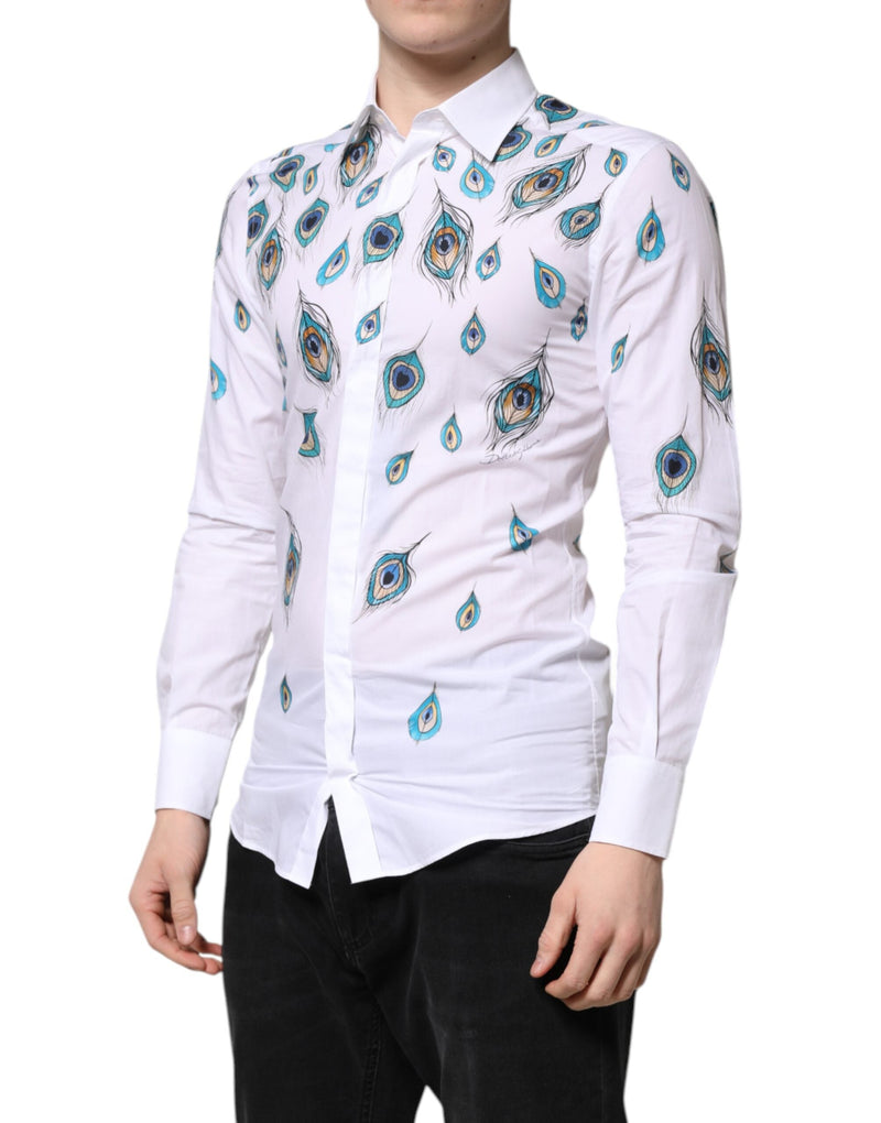 White Cotton Feather Print GOLD Dress Shirt Dolce & Gabbana