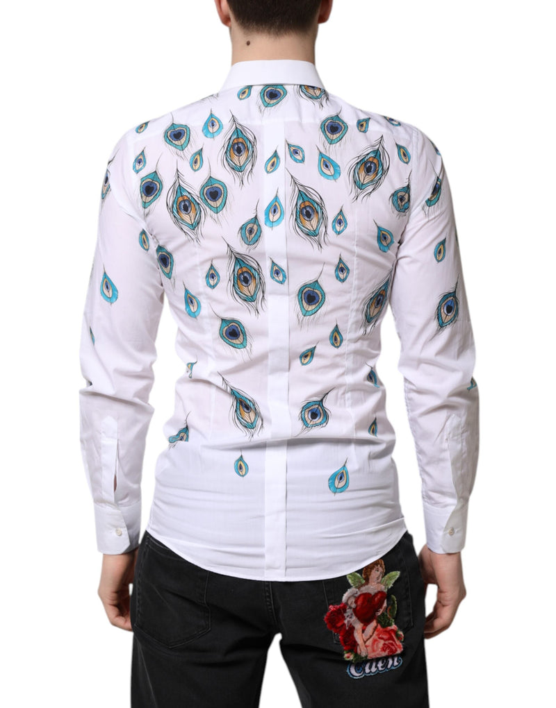 White Cotton Feather Print GOLD Dress Shirt Dolce & Gabbana