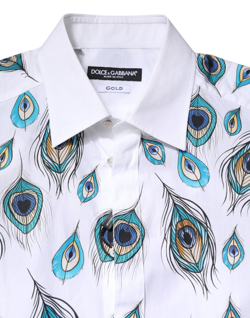 White Cotton Feather Print GOLD Dress Shirt Dolce & Gabbana