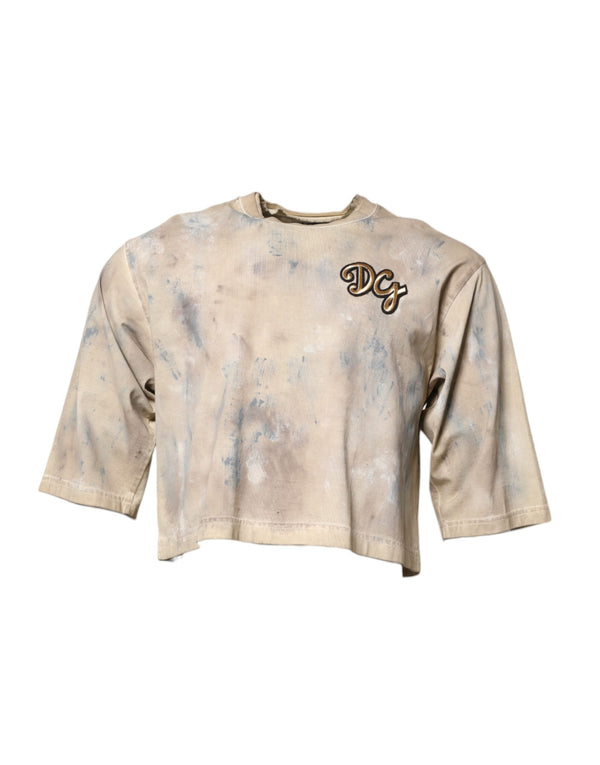 Beige Tie Dye DG Embroidery Cropped T-shirt Dolce & Gabbana