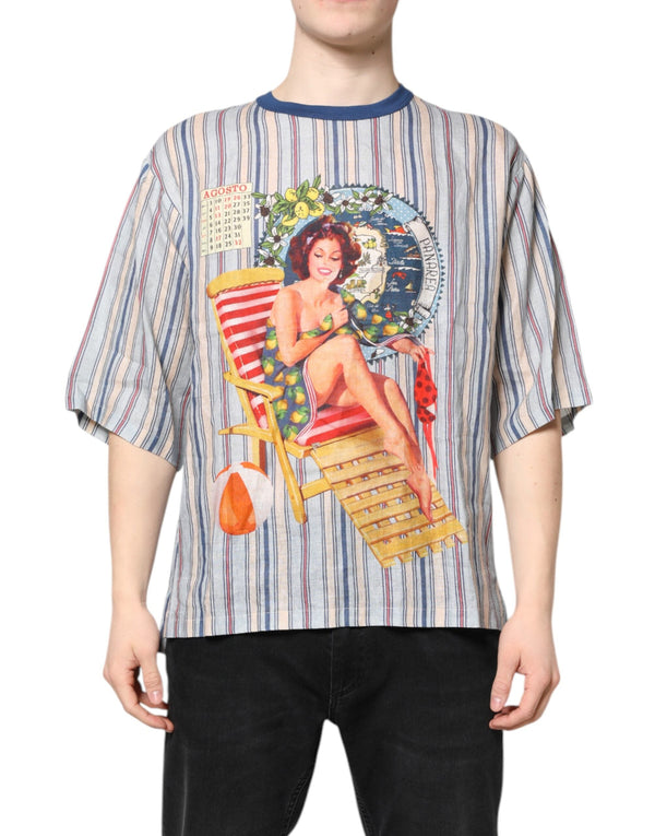 Multicolor Striped Pin Up Linen Round Neck T-shirt Dolce & Gabbana