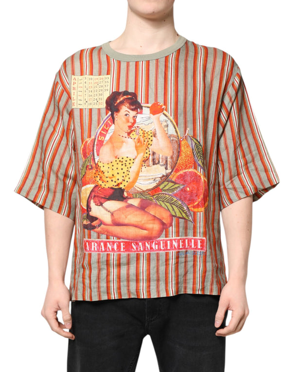 Multicolor Striped Graphic Linen Round Neck T-shirt Dolce & Gabbana