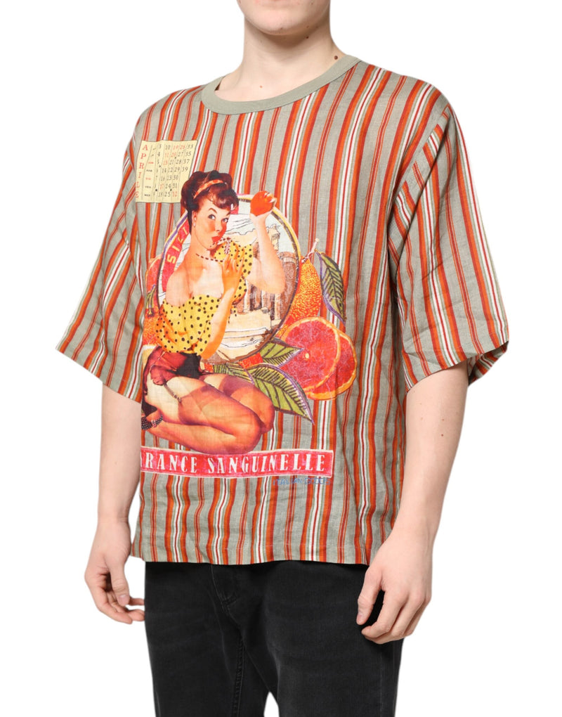 Multicolor Striped Graphic Linen Round Neck T-shirt Dolce & Gabbana