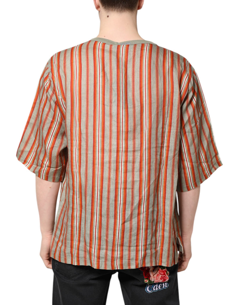 Multicolor Striped Graphic Linen Round Neck T-shirt Dolce & Gabbana