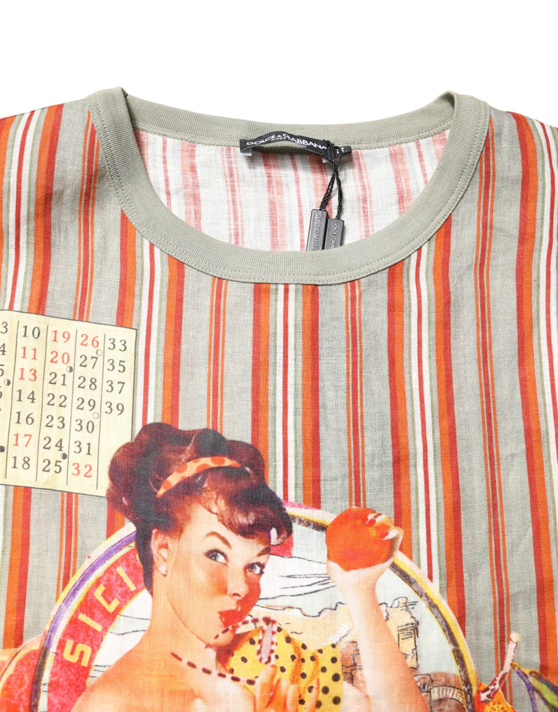 Multicolor Striped Graphic Linen Round Neck T-shirt Dolce & Gabbana