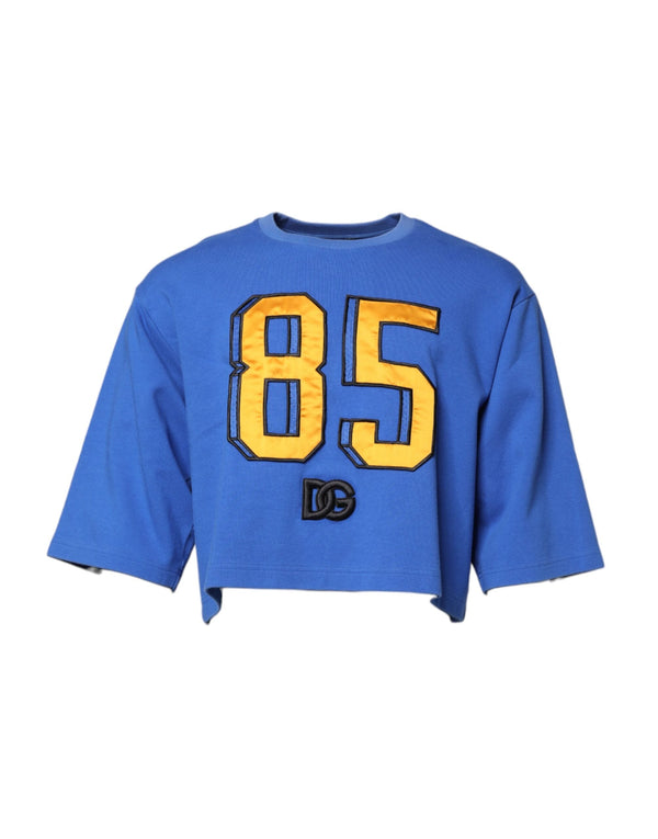 Blue Printed Cotton Cropped Crew Neck T-shirt Dolce & Gabbana