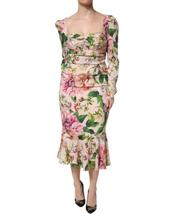 Pink Floral Silk Fit And Flared Midi Dress Dolce & Gabbana