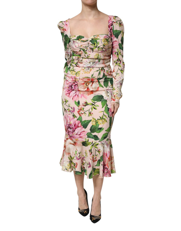 Pink Floral Silk Fit And Flared Midi Dress Dolce & Gabbana