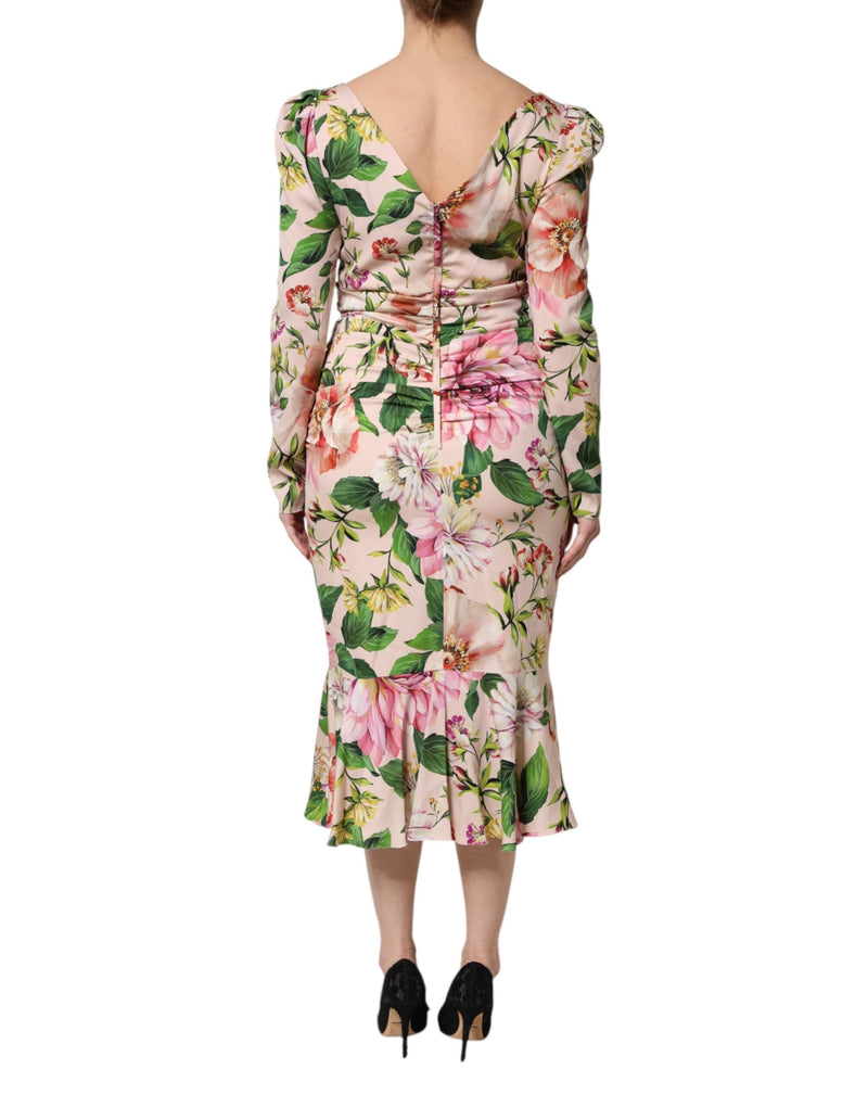 Pink Floral Silk Fit And Flared Midi Dress Dolce & Gabbana